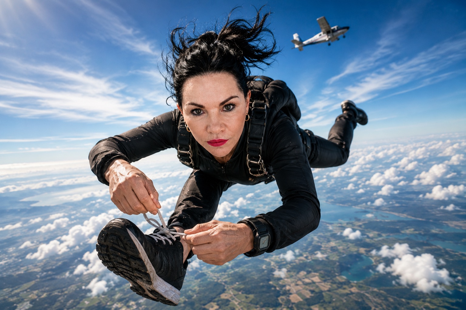 Woman in freefall above the clouds calmly tying her shoelace, plane in the distance